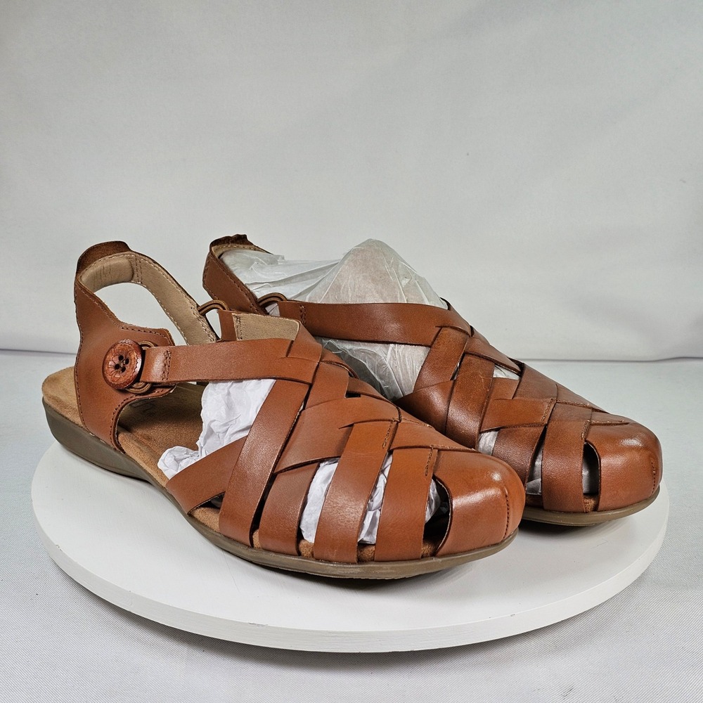 New Earth Origins Women Tan Leather Fisherman Sandals Woven Slingback Flats 9.5M